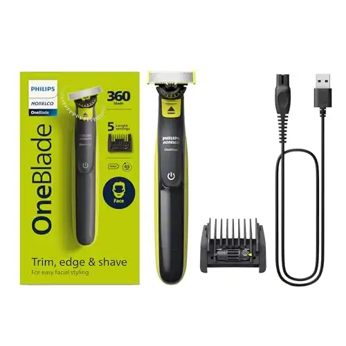 Philips Norelco OneBlade 360 Face, Hybrid Electric Beard Trimmer and Shaver with 5-in-1 Face Stubble Comb, Frustration Free Packaging, QP2724/90