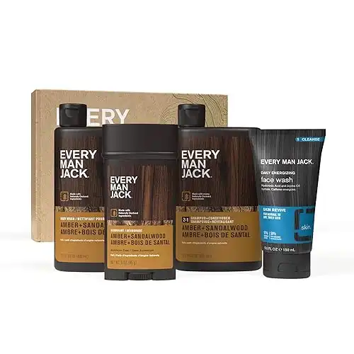 Every Man Jack Men s Amber + Sandalwood Bath and Body Gift Set - Clean Ingredients & Sandalwood, Amber, and Vetiver scent - Round Out His Routine with Body Wash, 2-in-1 Shampoo, Deodorant & .....